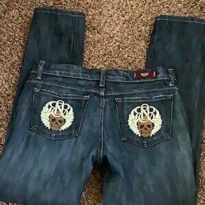 Dark Wash Jeans with Embroidered Skull & Wings .. Rock and republic